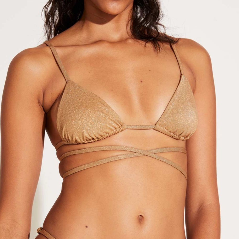 vitamin A Sol Strappy Wrap Bikini Top in Golden Glow Metallic